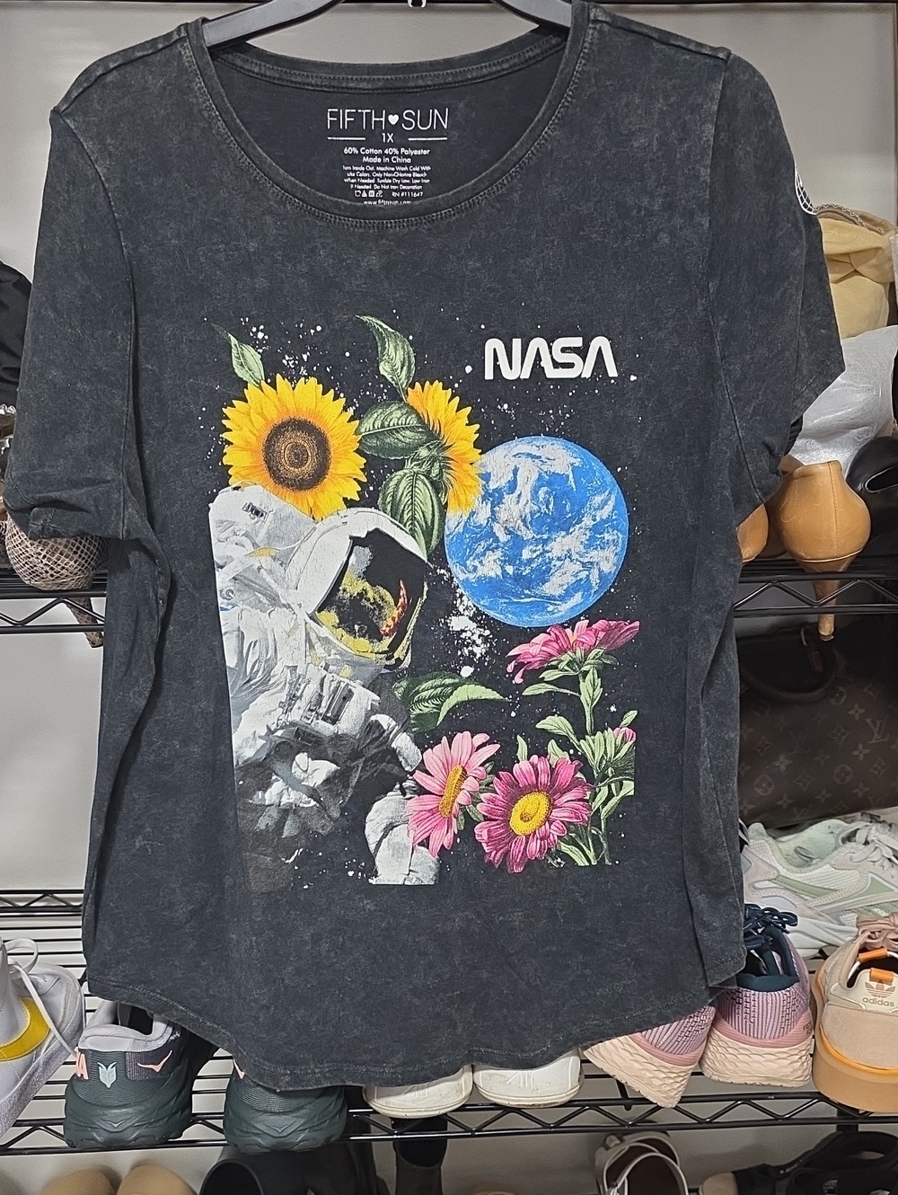 Fifth Sun Womens' NASA Graphic Tee - Black with Floral Astronaut Print